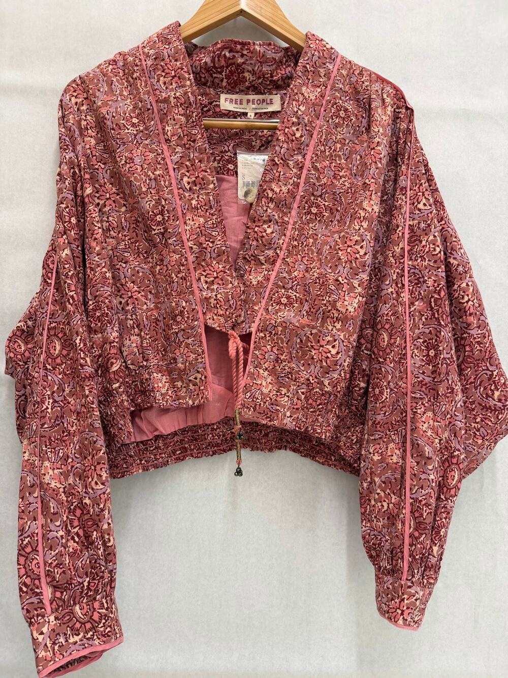NWT Free People Rosalina Jacket Small Mocha Combo Paisley Printed Crop Tie Front